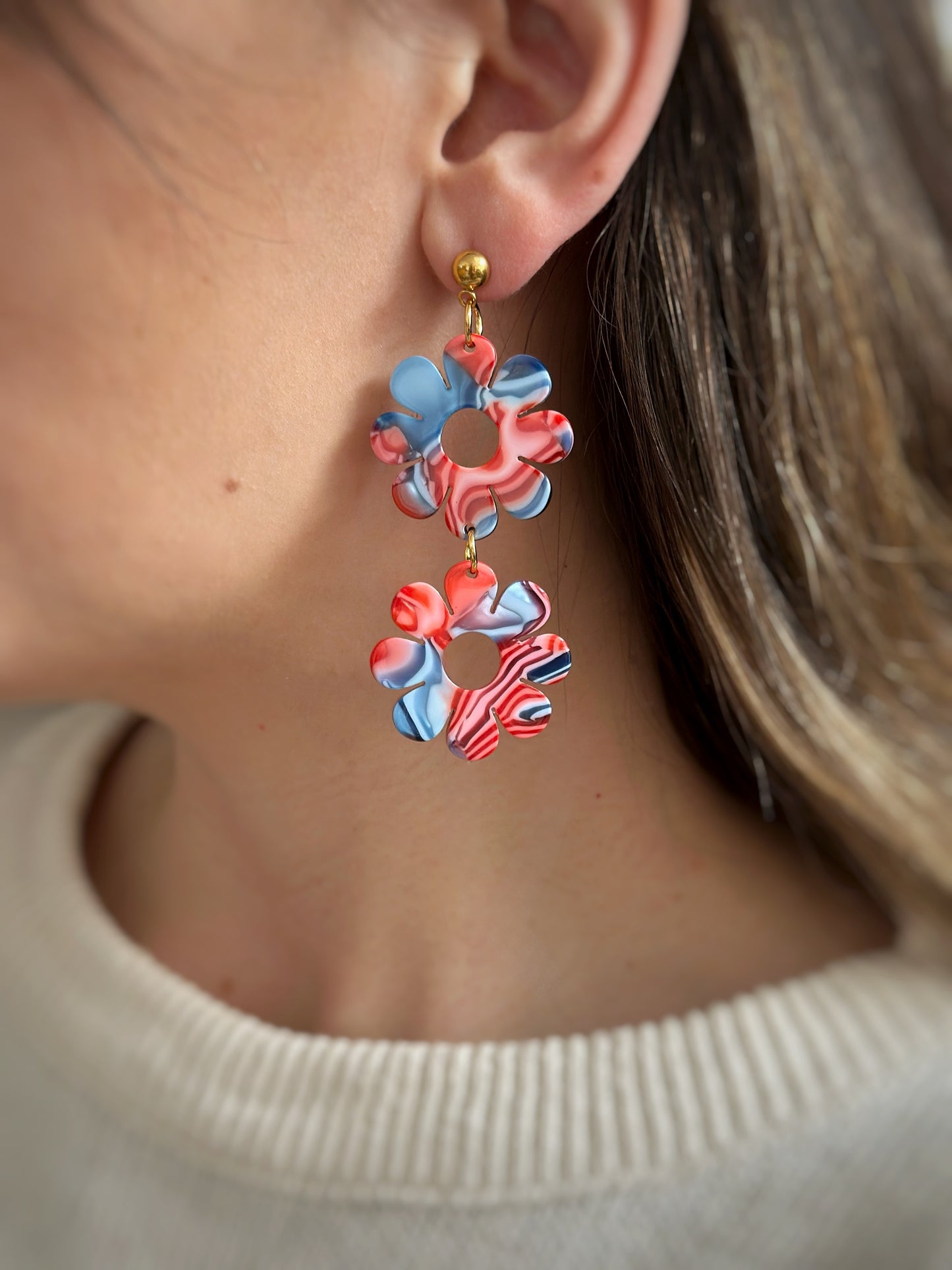 Retro Blue & Red Flower Dangles