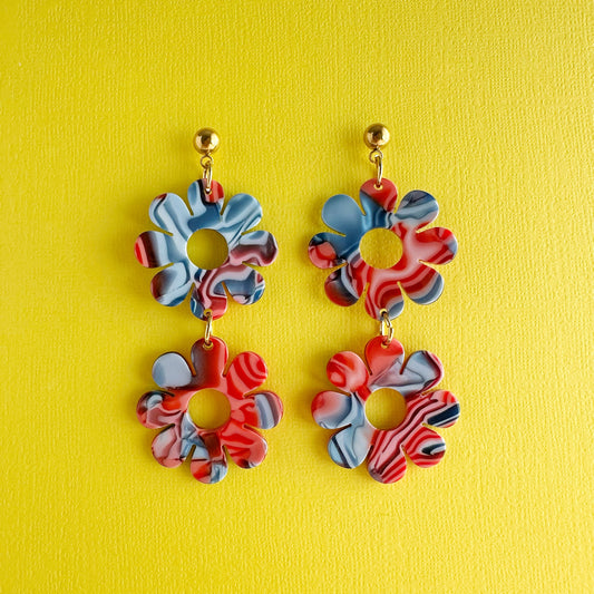 Retro Blue & Red Flower Dangles